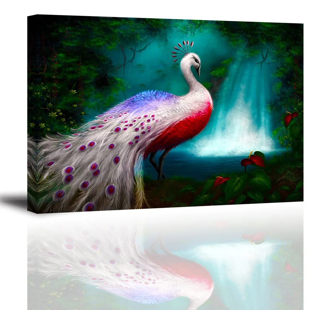 pink peacock and waterfall