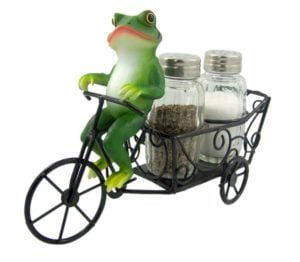 frog on bike pulling salt and pepper