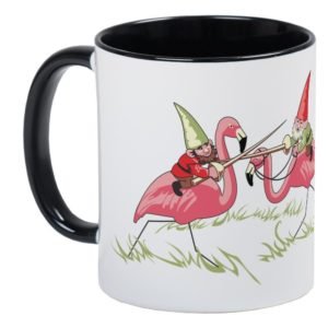 gnomes jousting on flamingos coffee mug