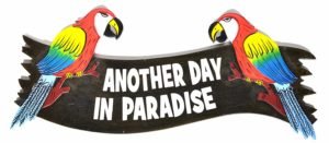 another day in paradise sign with parrots