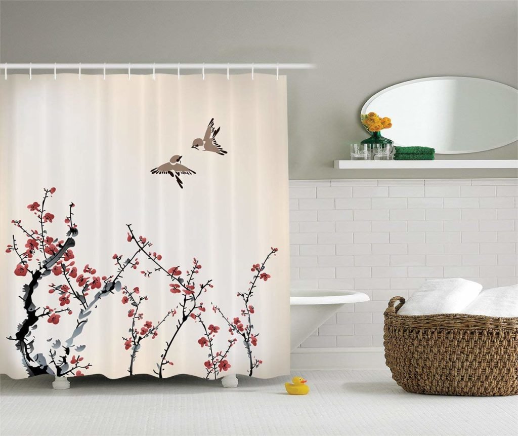 cherry branches and birds shower curtain