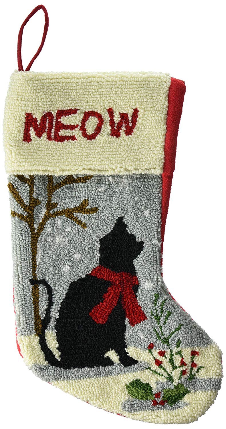 Glitzhome Handmade Cat Christmas Stocking - Knitted, 19 Inches, With Hanging Loop (Black/White/Red)
