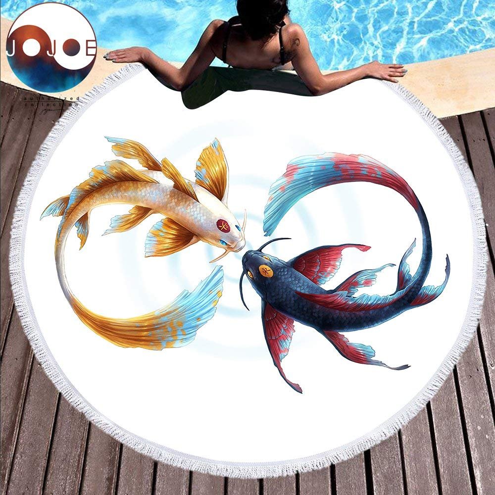 jojoes art koi fish round beach towel