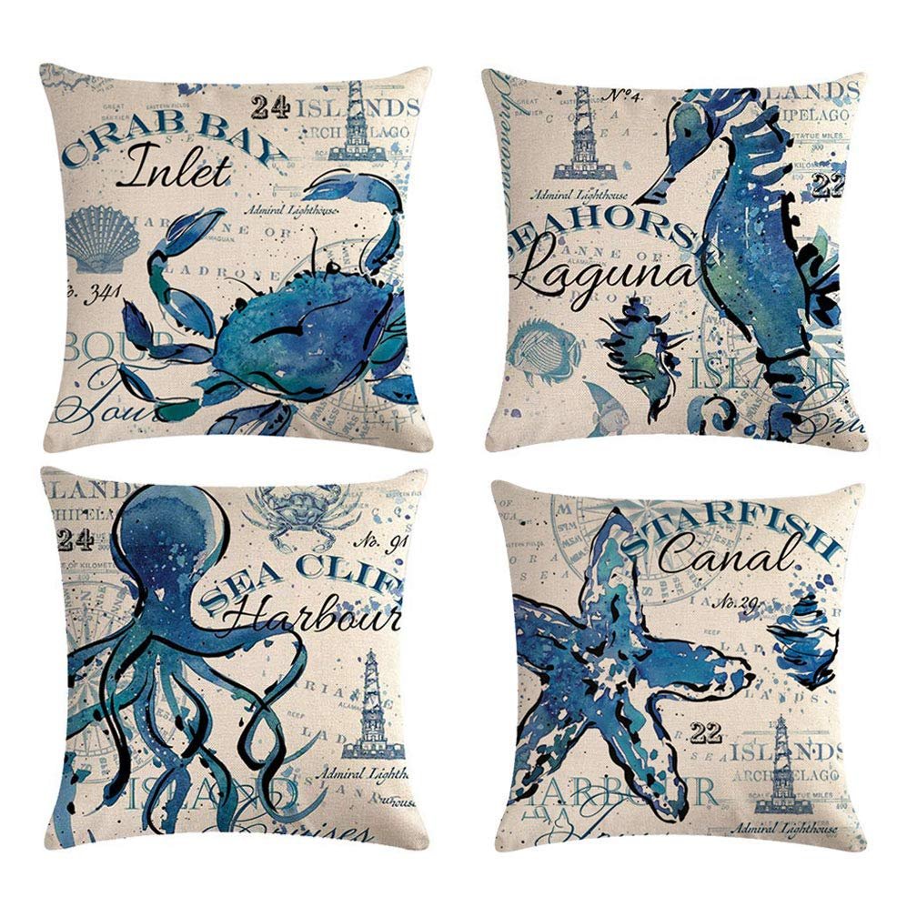 maritime blue throw pillow covers with a crab, seahorse, octopus and starfish