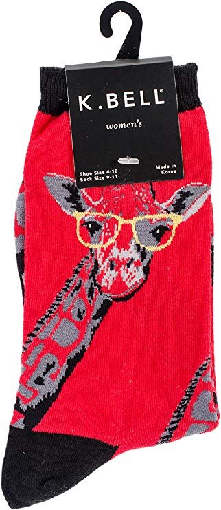 Giraffe themed sock from K.Bell . red base, black trim. Giraffe wears glasses