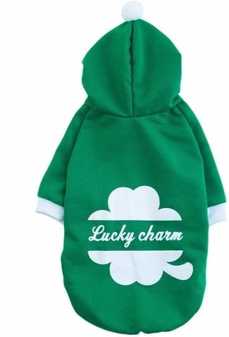 emerald green dog hoodie reads "lucky charm" 