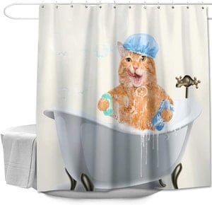 tabby cat bathing in bathtub shower curtain