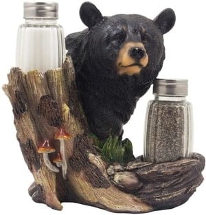 bear and log with salt and pepper shakers