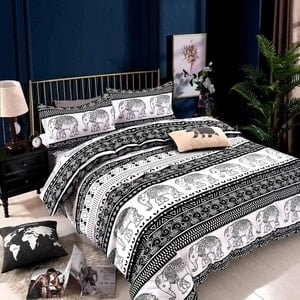 elephants on black and white design duvet cover