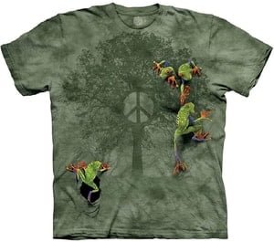 tree frogs with tree and peace logo on a t-shirt