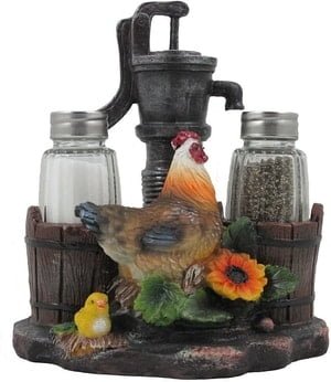 rooster and water pump salt and pepper holder