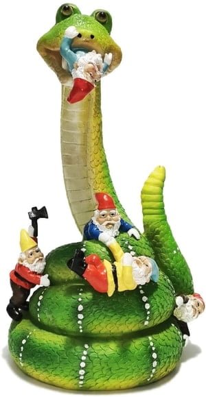 garden statue of snake and gnomes