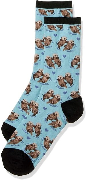 sky blue socks with pair of otters holding hands and hearts