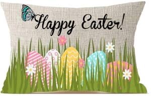 happy easter pillow cover 12x20 with easter eggs in grass