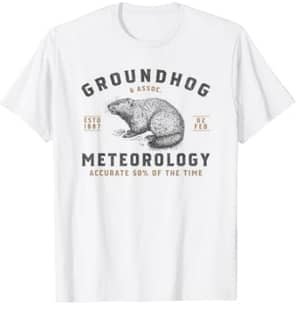 white tshirt with groundhog sketch and "groundhog meteorology" written around it