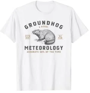 white tshirt with groundhog sketch and "groundhog meteorology" written around it