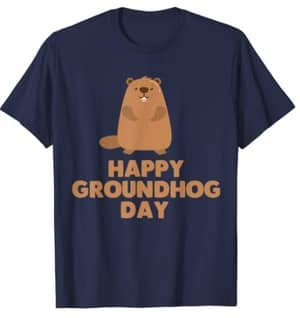 happy groundhog dog black tshirt with cartoon drawing