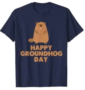 happy groundhog dog black tshirt with cartoon drawing