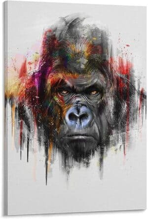 gorilla with abstract red and yellow painting