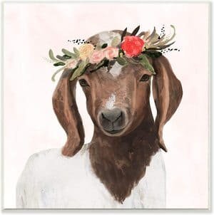 1 foot square image of a kid goat with flowers on its head