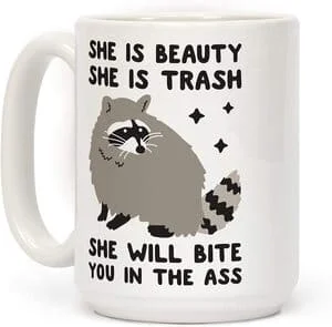 coffee mug with raccoon picture and captioned "she is beauty, she is trash, she will bite you in the ass"