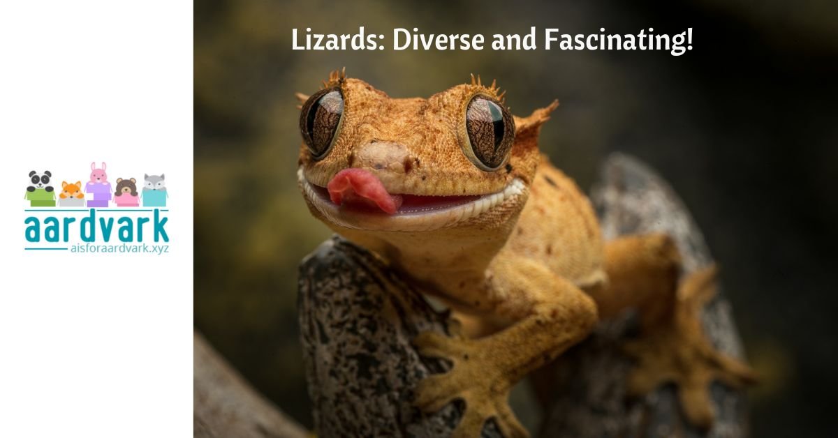 a gecko with its tongue out, perched on a branch. text reads, lizards, diverse and fascinating