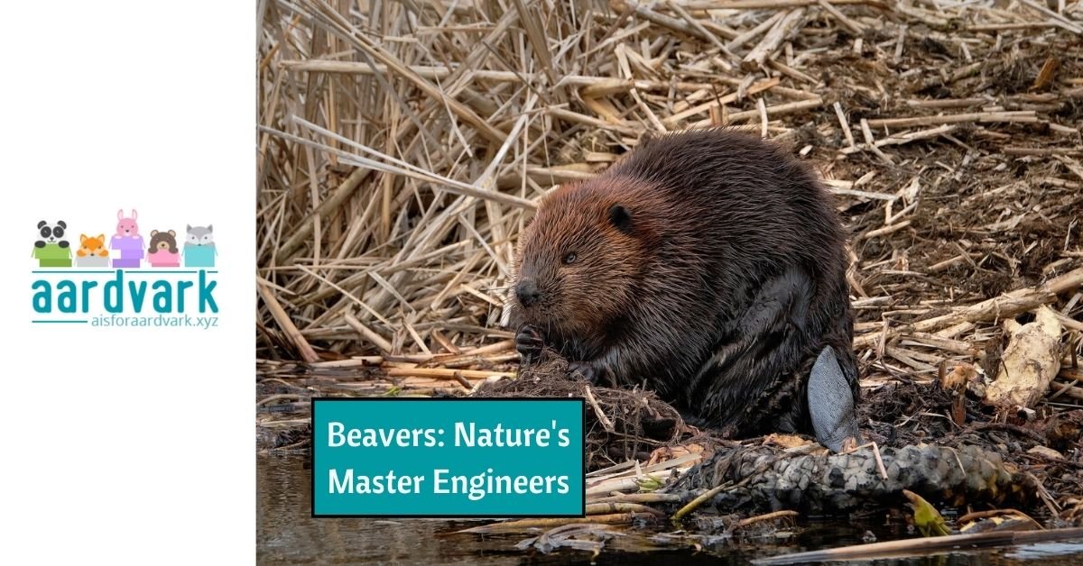 a beaver chewing dried grasses on the edge of a pond. text reads, beavers: nature's master engineers