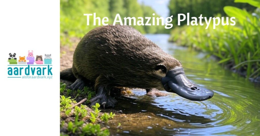 platypus along a riverbank. text read, the amazing platypus